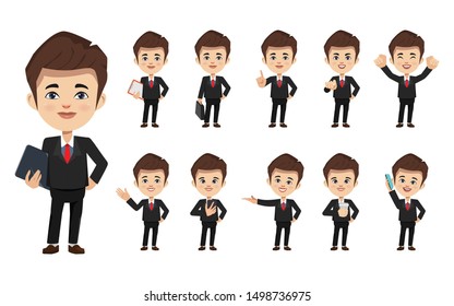 Set of businessman creation character pose with occupation job in uniform suit. Chibi cartoon business people style.