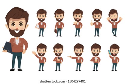 Set Of Businessman Creation Character Pose With Occupation Job In Uniform Suit. Chibi Cartoon Business People Style.