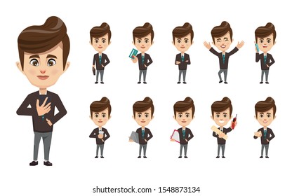 Set of businessman creation character pose with occupation job in uniform suit. Chibi cartoon business people style.