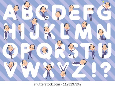 A set of businessman designed with alphabet.Characters with fun expressions pose various poses.It's vector art so it's easy to edit.