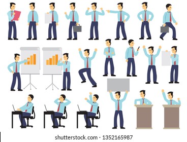 Set of businessman in different expression and poses. Isolated vector illustration.