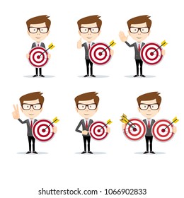 Set of Businessman in different poses with a dart board with a direct hit on target . Full length, front view against white background. Stock flat vector illustration.