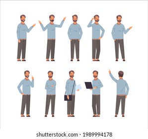 set businessman in different poses gesture emotions and body language concept