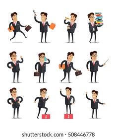 Conjunto de hombres de negocios en diferentes poses. Joven hombre de negocios con traje de negocios negro y corbata con varios objetos. Colección de personajes del hombre de negocios. Ilustración vectorial en diseño plano.