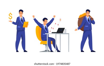 Set Of Businessman In Different Situations. Financier With Money. Analyst Works At The Computer. Flat Vector Illustration Isolated On White. Male Cartoon Character In Business Suit Working In Office