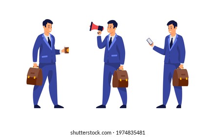 Set Of Businessman In Different Situations. Walking To Office, Drinking Coffee, Attracting Clients. Flat Vector Illustration Isolated On White. Male Cartoon Character In Business Suit Working