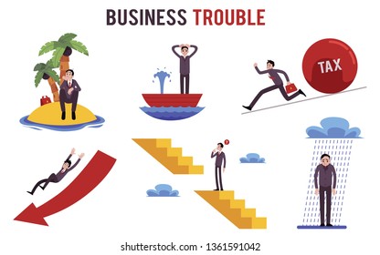 Set of businessman in different trouble situations cartoon style, vector illustration isolated on white background. Metaphor or concept collection of business crisis conditions