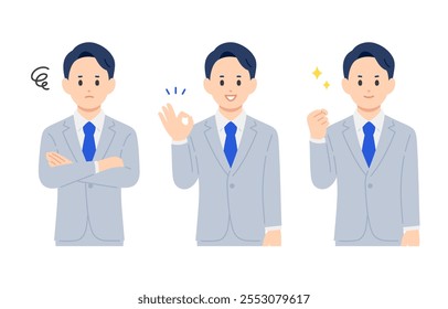 Conjunto de hombre de negocios en pose angustiada, pose OK y pose intestinal【Vector/ilustración/persona】