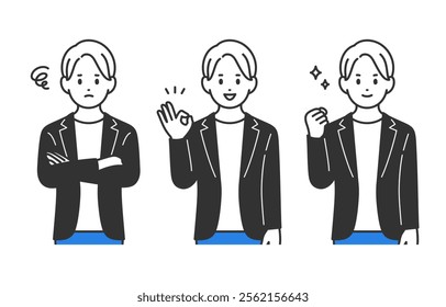 Set of businessman in distressed pose, OK pose, and gut pose【vector／illustration／person】
