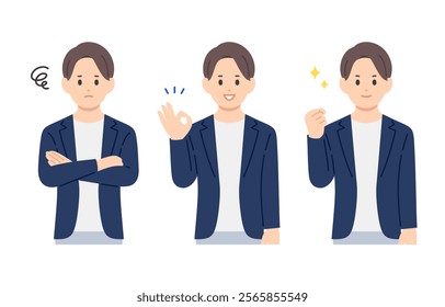 Set of businessman in distressed pose, OK pose, and gut pose【Vector／Illustration／Person】