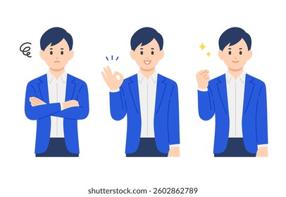 Set of businessman in distressed pose, OK pose, and gut pose【Vector／Illustration／Person】