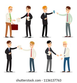 Set businessman documents. Meeting of two businessmen for the transfer of papers. Transfer the contract from hand to hand. Receive documents. Cartoon illustration isolated on white background in flat.