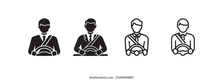 Set of businessman driving icons showing a professional driver wearing a seatbelt and holding a steering wheel perfect for transportation and safety-related designs.