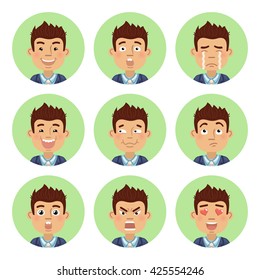 Set of businessman emoticons. Businessman avatars showing different emotions. Happy, sad, cry, laugh, love, shock, think and other facial expressions. Flat style vector illustration