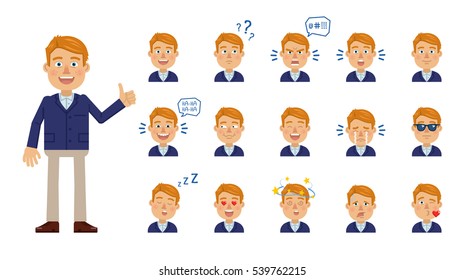 Conjunto de emoticonos de empresarios. Extravagantes avatares de hombres de negocios que muestran diferentes expresiones faciales. Feliz, triste, sonrisa, risa, risa, llanto, sorprendido, enamorado, enojado y otras emociones. Ilustración vectorial simple