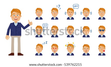 Set of businessman emoticons. Blonde businessman avatars showing different facial expressions. Happy, sad, smile, laugh, cry, surprised, in love, angry and other emotions. Simple vector illustration