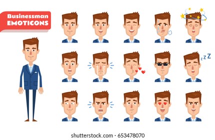 Set of businessman emoticons. Businessman emojis showing diverse facial expressions. Happy, sad, angry, dazed, surprised, serious, tired, sleepy and other emotions. Simple vector illustration