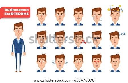 Set of businessman emoticons. Businessman emojis showing diverse facial expressions. Happy, sad, angry, dazed, surprised, serious, tired, sleepy and other emotions. Simple vector illustration