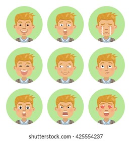 Set of businessman emoticons. Man avatars showing different emotions. Happy, smile, sad, cry, angry, love, surprised, upset, laugh and other facial expressions. Flat style vector illustration