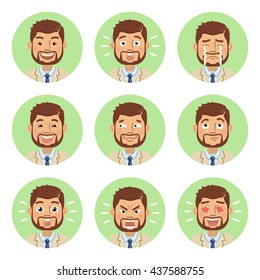 Set of businessman emoticons. Man avatars showing different emotions. Happy, smile, sad, cry, angry, love, surprised, upset, laugh and other facial expressions. Flat style vector illustration