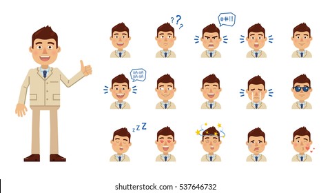 Conjunto de emoticons de empresário. Avatares de homem mostrando diferentes expressões faciais. Feliz, triste, choro, surpreso, cansado, apaixonado, beijar, rir, irritado, tonto e outras emoções. Ilustração vetorial simples