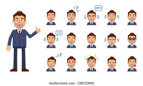 Set of businessman emoticons. Man avatars showing different facial expressions. Happy, sad, cry, laugh, surprised, sleep, angry, in love and other emotions. Simple style vector illustration