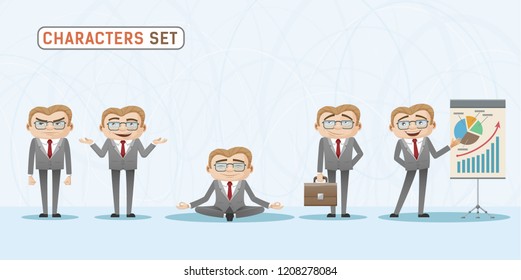 set of businessman expressions in a office