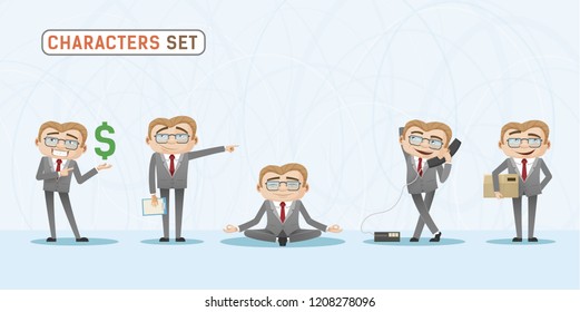 set of businessman expressions in a office