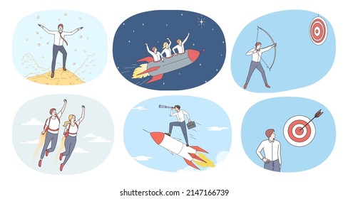 Set of businessman feel motivated achieve work goal or target. Collection of male employee or worker strive for career success or accomplishment. Motivation, leadership. Vector illustration. 