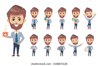 Set of businessman financial creation character pose with occupation job in uniform suit. Chibi cartoon business people style.