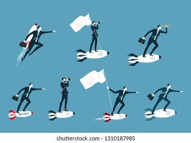 Set of Businessman flying on the rocket, looking through binocular, holding flag and looking for the future business opportunity. Business concept illustration