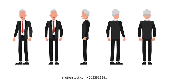 Conjunto de diseño de Ilustración vectorial de personajes de traje negro para hombre de negocios en la parte delantera, lateral y trasera. Presentación en diversas acciones.