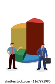 Set of businessman giving a presentation with a giant market chart graph. Showing the data statistic. Isolated vector cartoon illustration.