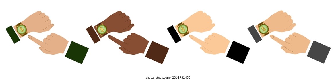Set of Businessman hand point at Wristwathes. Time is money. Vector time and financial management Flat style Business illustration. Mans hands and Clock. Timing, planning, entrepreneur, meeting.