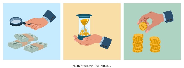 Set of businessman hands with magnifying glass, hourglasses and golden coins. Business, investment and accumulation money. Hand drawn vector illustration isolated on background, flat cartoon style.