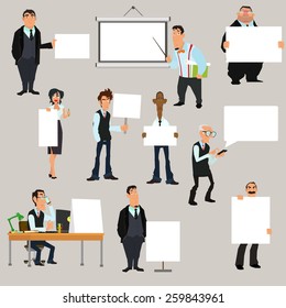 Set of businessman holding blank notes characters poses. vector illustration. 