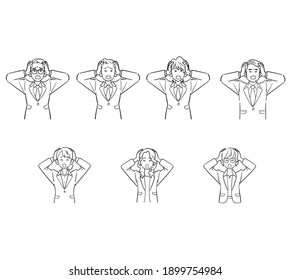 A set of a businessman holding his head and a business woman Line art