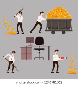 Set businessman holding a pickaxe, jackhammer, shovel in the underground, trolley full of gold coins, office table, making coins, money. Concept, vector, illustration, banner, poster, isolated
