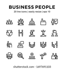 Conjunto de íconos de los empresarios, que contienen íconos como colaboración, entrevistas, reuniones, líderes, apretones de manos, competencias, tormentas de ideas y más sobre un fondo blanco.