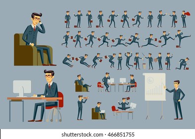 Set of businessman icons depicting a man working at desk to a deadline public speaking on a megaphone doing a presentation his career taking off like a rocket or an inspirational idea vector art