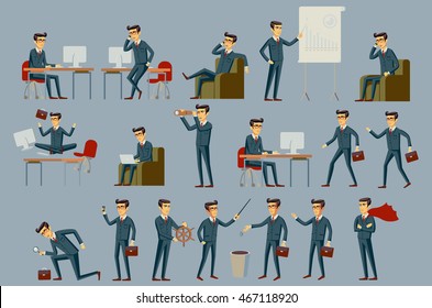 Set of businessman icons depicting a man working at desk to a deadline public speaking on a megaphone doing a presentation his career taking off like a rocket or an inspirational idea vector art