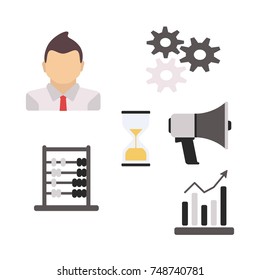 Set of businessman icons depicting a man working at his desk to a deadline public speaking on a megaphone doing a presentation and his career taking off like a rocket or an inspirational idea