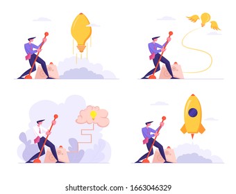 Set Businessman Launch Huge Light Bulb, Rocket and Brain Moving Lever Arm, Business Project Startup. Financial Idea Strategy Realization Success and Searching Solution. Cartoon Vector Illustration