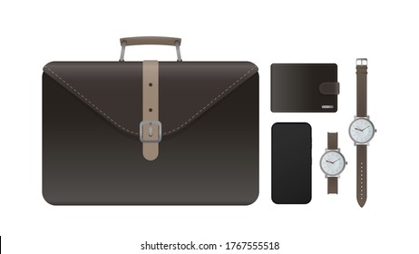 Set for the businessman. Leather briefcase, suitcase, brown wallet, wristwatch with leather strap, smartphone. Realistic vector. Stock illustration, isolated.