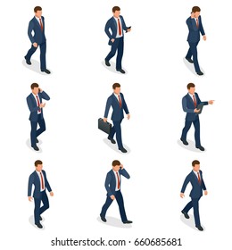 Set of Businessman Man on white background. Isometric character poses. Cartoon people. Create your own design for vector