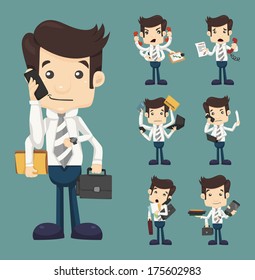 Set of businessman with many hands in elegant suit working hold notepad clipboard, cell phone, paper, document, contract , eps10 vector format