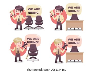 Set of Businessman With Megaphone and Empty Chair For We Are Hiring Job Vacancy Illustration