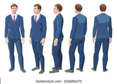 Set of businessman models in different turns: frontal, profile, three quarters, from the back. Vector illustration