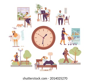 Set of businessman or modern office worker daily routine including job and daily home activity, sport and leisure, flat vector illustration isolated on white background.