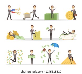 Set of businessman with money. Happy successfull man jumping with a pile of money, sitting on the banknotes and swimming in bath full of cash. Financial well-being.